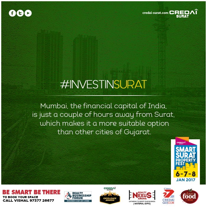 credaisurat's tweet photo. #InvestInSurat
Being closer to Mumbai, India makes it one of the reason why investors and property buyers to invest in Surat, India. https://t.co/SN26DyeuHY