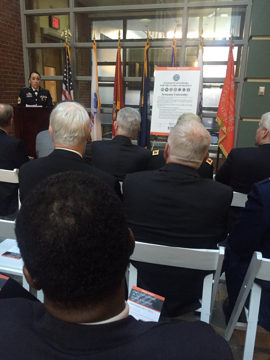 SyracuseOVMA's tweet image. Jennifer Pluta (@JenniferRPluta) addressing the audience at @SyracuseU Support of @ESGR event #EnduringCommitment #BestPlaceForVeterans