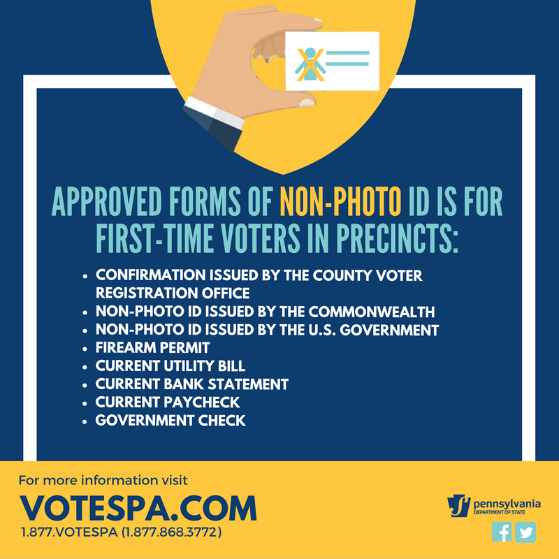 PAStateDept's tweet photo. ATTENTION FIRST-TIME VOTERS: When voting, you are required to show APPROVED NON-PHOTO or PHOTO ID. Check out what to bring when voting 👀 ➡️ https://t.co/5cMrDfsd1E