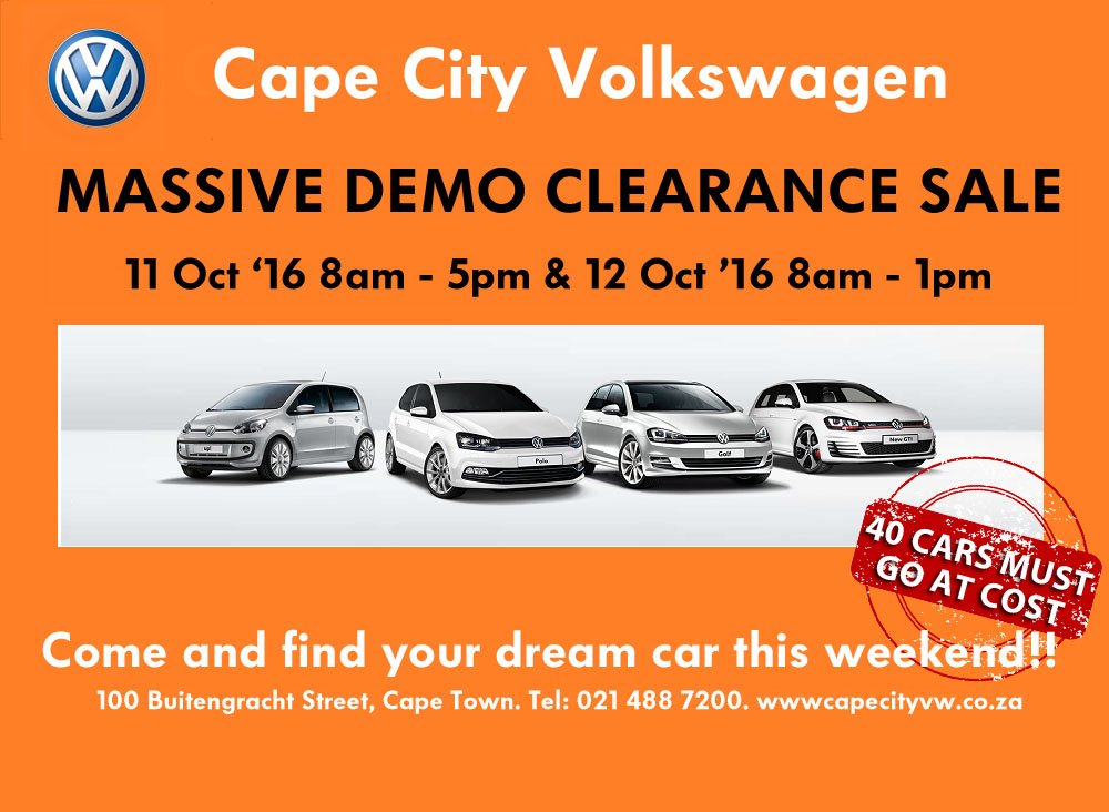 CapeCityVW's tweet photo. SALE!!! AT COST!!! #TryBeatingThat #CapeCityVW #DemoClearanceSale https://t.co/p9Qs1S3DYE