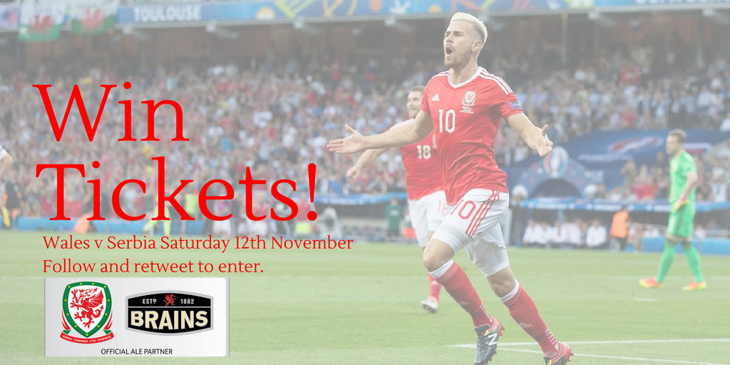 brainsbrewery's tweet photo. COMP: Win 2 tickets to @FAWales v Serbia on Saturday. Simply Follow &amp; RT to enter. Winner announced after 12pm on Thursday #TogetherStronger https://t.co/DKAvL5FNDK