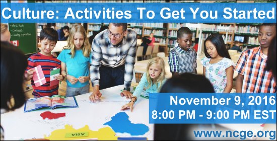 NCGE1915's tweet photo. Don't miss tomorrow's NCGE webinar! "#Culture: Activities to Get You Started" https://t.co/3ZJqgOgNZI #geography #education https://t.co/uP0lD5RbnY