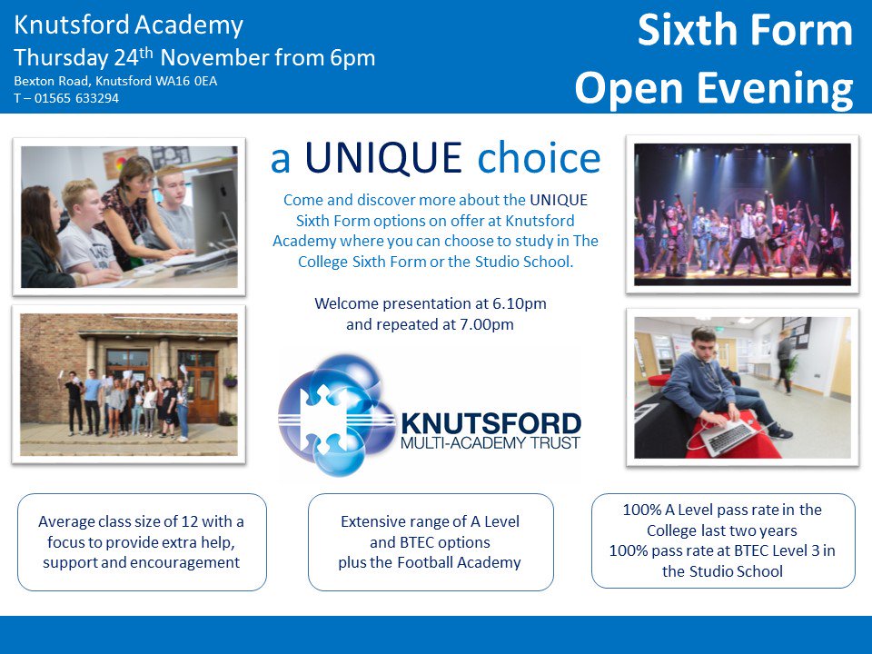 Knutsfordac's tweet photo. Sixth Form Open Eve in just over 2 weeks on 24th Nov 6pm, ave class size of 12, 100% A Level pass rate in College #uniquechoice #knutsford https://t.co/EbMqu99vR7