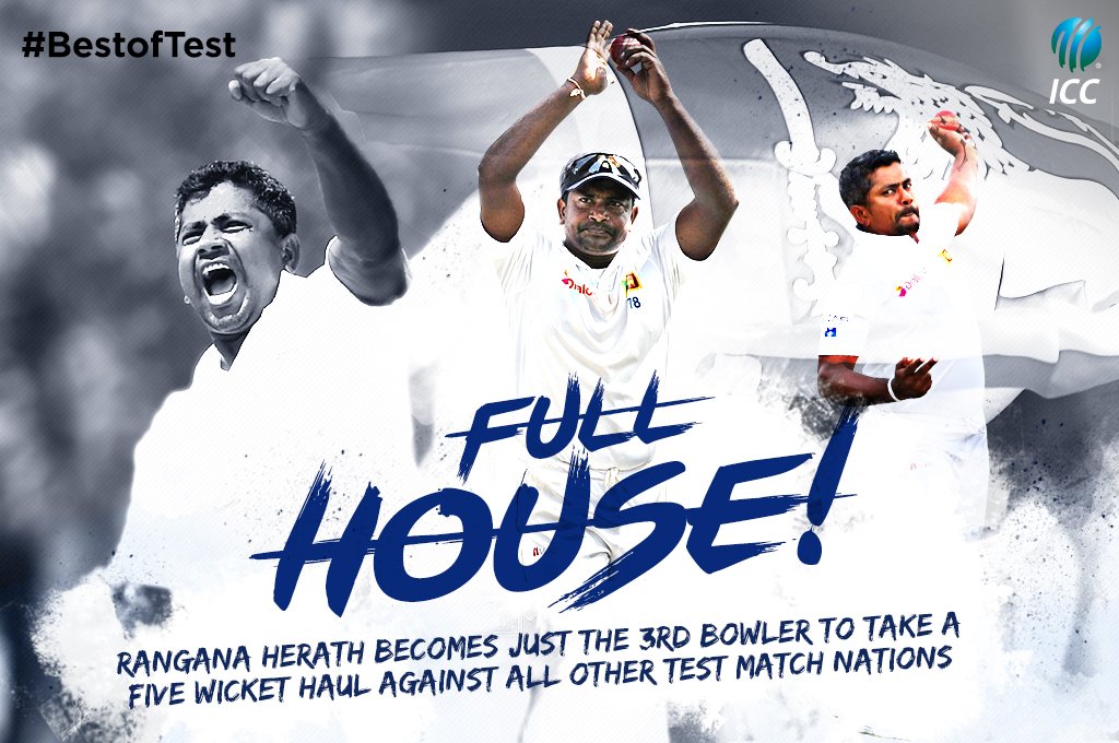 ICC's tweet photo. Only Muralitharan and Steyn have done it before him - Rangana Herath has taken a 5-wicket haul against all other Test nations! #BestofTest https://t.co/AQ6qIp0ZoQ