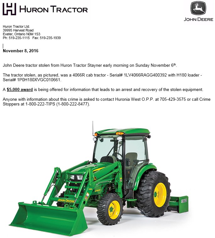 DETAILS REGARDING THEFT FROM HURON TRACTOR STAYNER SUNDAY NOV 6. $5000 REWARD BEING OFFERED FOR INFORMATION THAT LEADS TO AN ARREST.