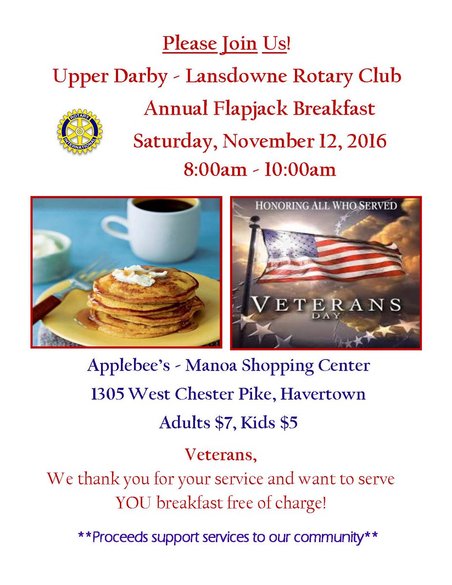 udlrotaryclub's tweet photo. Flapjack Fundraiser this Saturday! 8-10am! @applebees, Havertown. Contact us for tix now or buy at the door on Sat. #udlrotary #district7450 https://t.co/SkdU9rHBYe