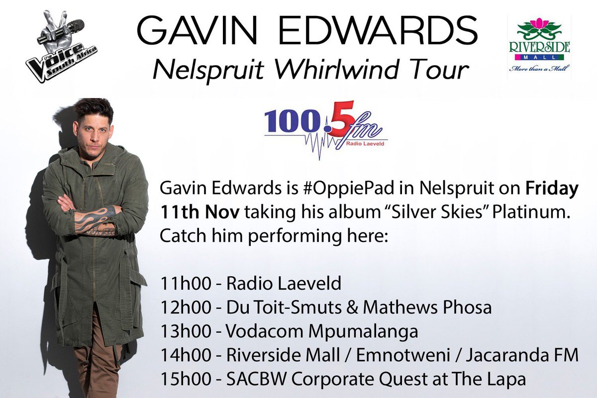 Riverside_Mall's tweet photo. Don’t miss the chance to meet The Voice SA’s, @GavinEdwards_, this Friday at 14:00 where he will perform live! #GavinEdwards #OppiePad https://t.co/oAm1y2FjC1
