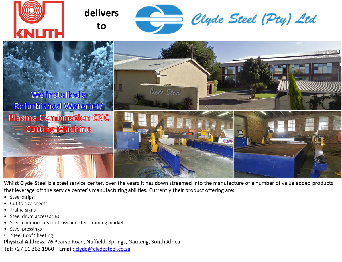 KnuthSA's tweet photo. @KnuthSA Delivers @ClydeSteel: #Waterjet #Plasma Combo Machine.#Hypertherm #KMT https://t.co/yGByAUp18m
