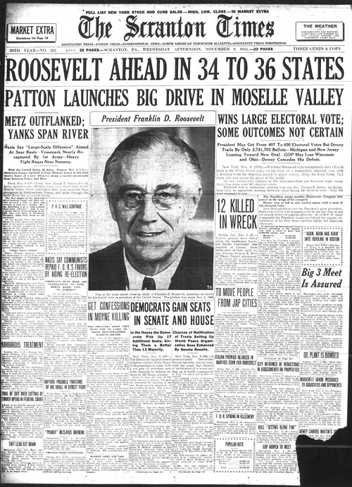 Democrats win USA presidency: Franklin Delano Roosevelt has been re-elected to an unprecedented 4th term of office, with 36 states &amp; 432 EVs