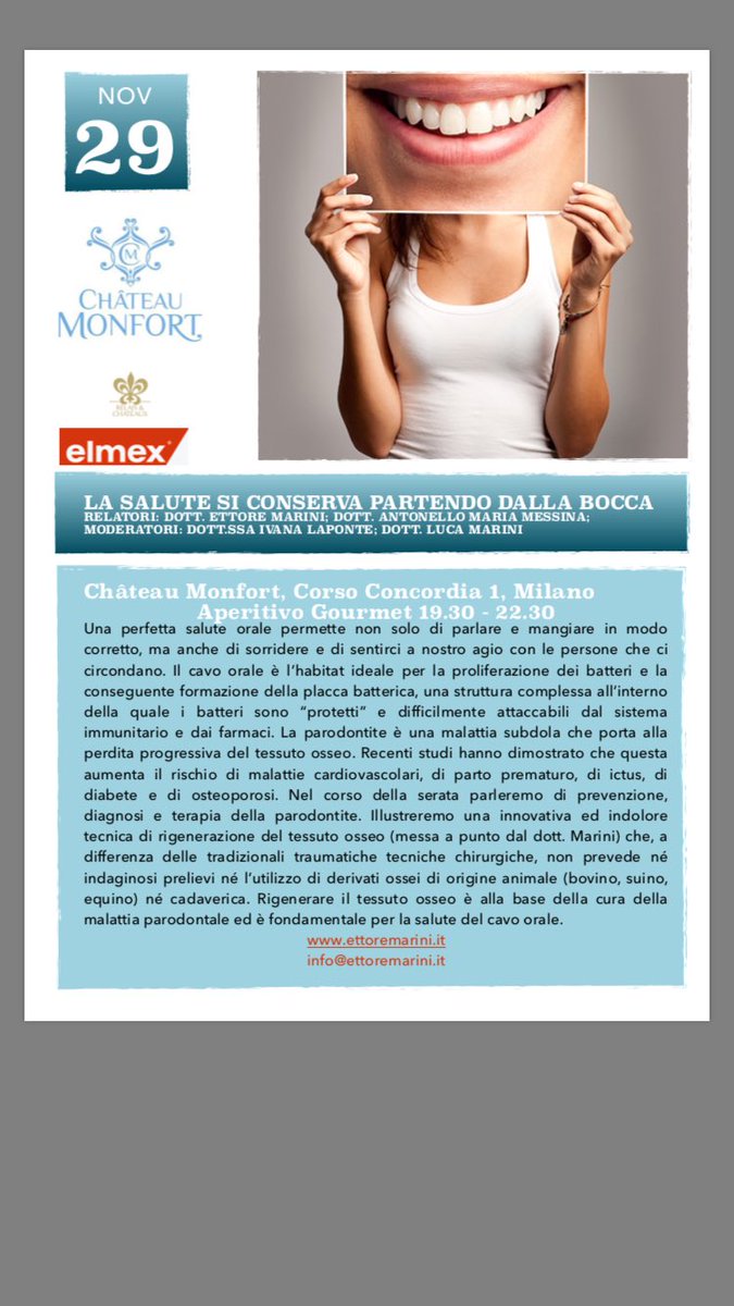 EttoreMarini's tweet photo. La #salute si conserva partendo dalla #bocca. #denti #gengive 29 Novembre 2016 Chateau Monfort Milano https://t.co/3GQiG8dCd3