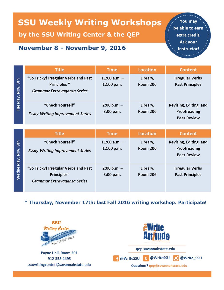 Participate in the #SSU Weekly Writing Workshops! You may be able to earn extra credit! Ask your instructor! <a href="/ssuwriting/">SSU Writing Center</a>