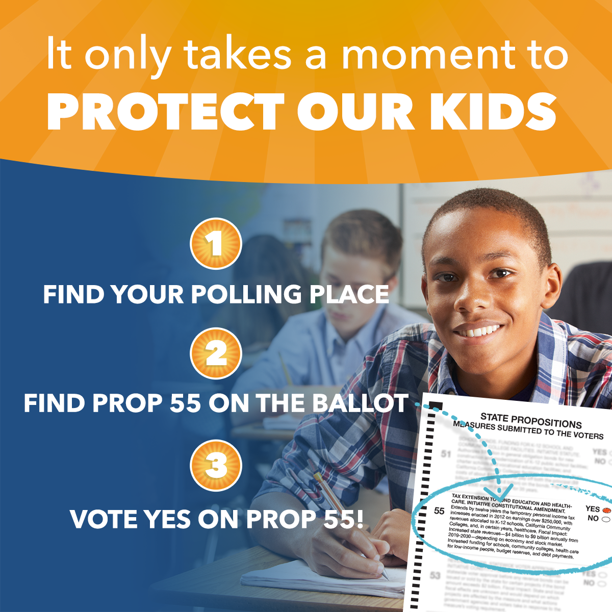 YesOn55's tweet photo. 1⃣️ Find your polling place
2⃣️ Find #Prop55 on the ballot
3⃣️ Vote #YesOn55!
https://t.co/0NBKA46NZF https://t.co/VstWuEZw1s