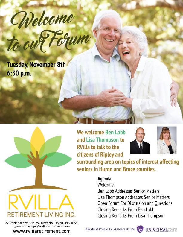RVilla in Ripley is hosting a forum tonight @ 6:30. <a href="/BenLobbMP/">Ben Lobb</a>, @LisaThompsonMPP will discuss topics of interest for seniors in Huron/Bruce.
