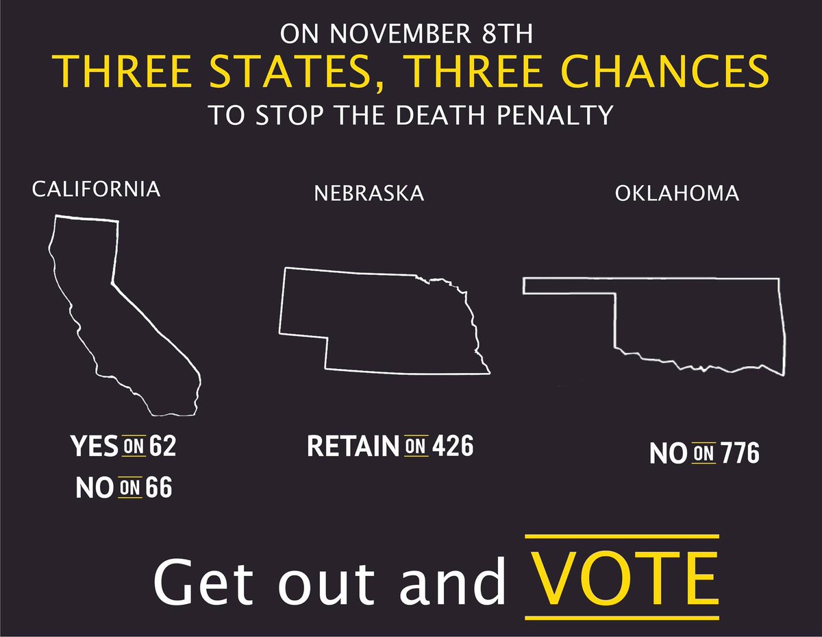 eji_org's tweet photo. Voters in California, Nebraska &amp; Oklahoma can move the U.S. closer to abolition of the death penalty! #YesOn62 #NoOn66 #RetainOn426 #NoOn776 https://t.co/w01cMoyxfY