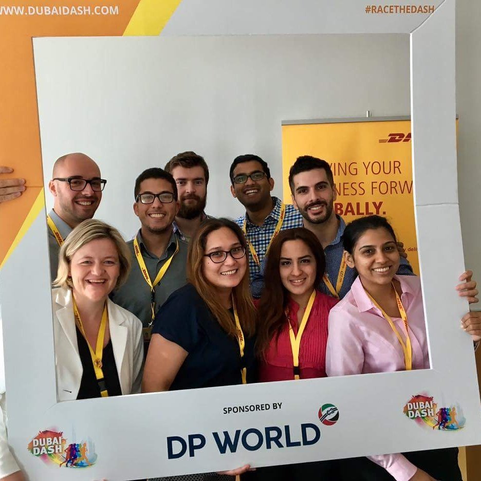 racethedash's tweet photo. @DHLUAE show off their team for the Dubai Dash sign up pic! Sponsored by @DP_World #racethedash #interactevents #run https://t.co/LQmYGWpK7x