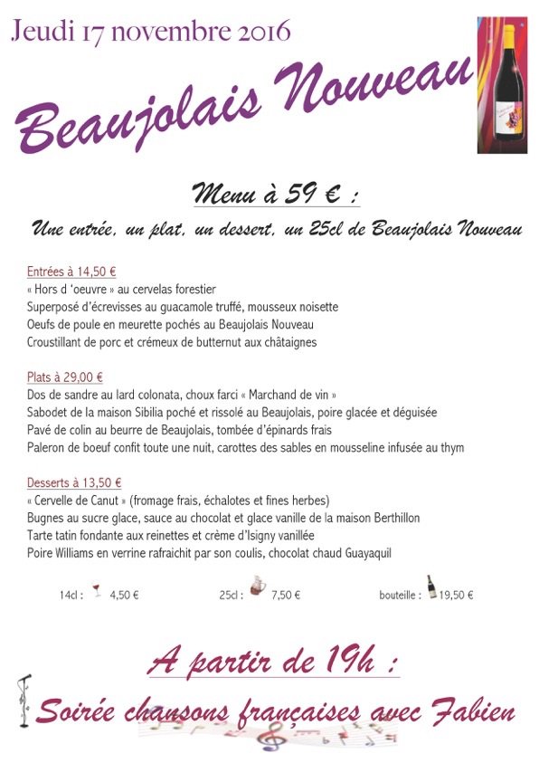 Venez fêter l'arrivée du Beaujolais Nouveau le jeudi 17 Novembre 2016 ! 
#BeaujolaisNouveau