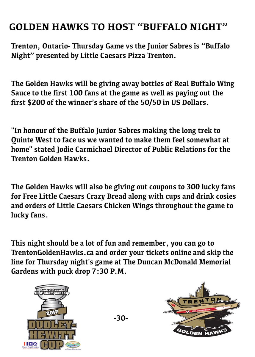 Come out this Thursday when the Golden Hawks take on the <a href="/JrSabresOJHL/">Buffalo Jr. Sabres</a> for "Buffalo Night" tickets.trentongoldenhawks.ca