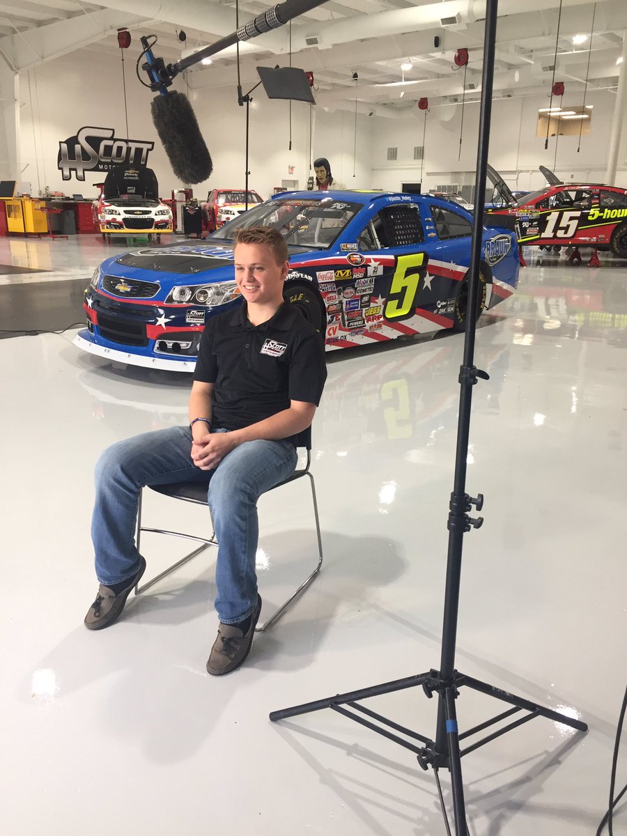 TeamHSMJM's tweet photo. Interview time for #KNEast champ @Justin_Haley_. Feature will be shown during the upcoming @NASCARHomeTrack banquet in December. #NASCAR https://t.co/u9oTtDjgO6