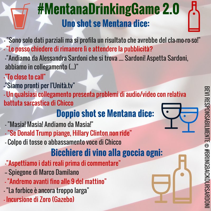 maratonetiLa7's tweet photo. Diffondete il verbo e mi raccomando: bevete responsabilmente :D #MaratonaMentana #Election2016 #MentanaDrinkingGame https://t.co/cUTSyUeqJt