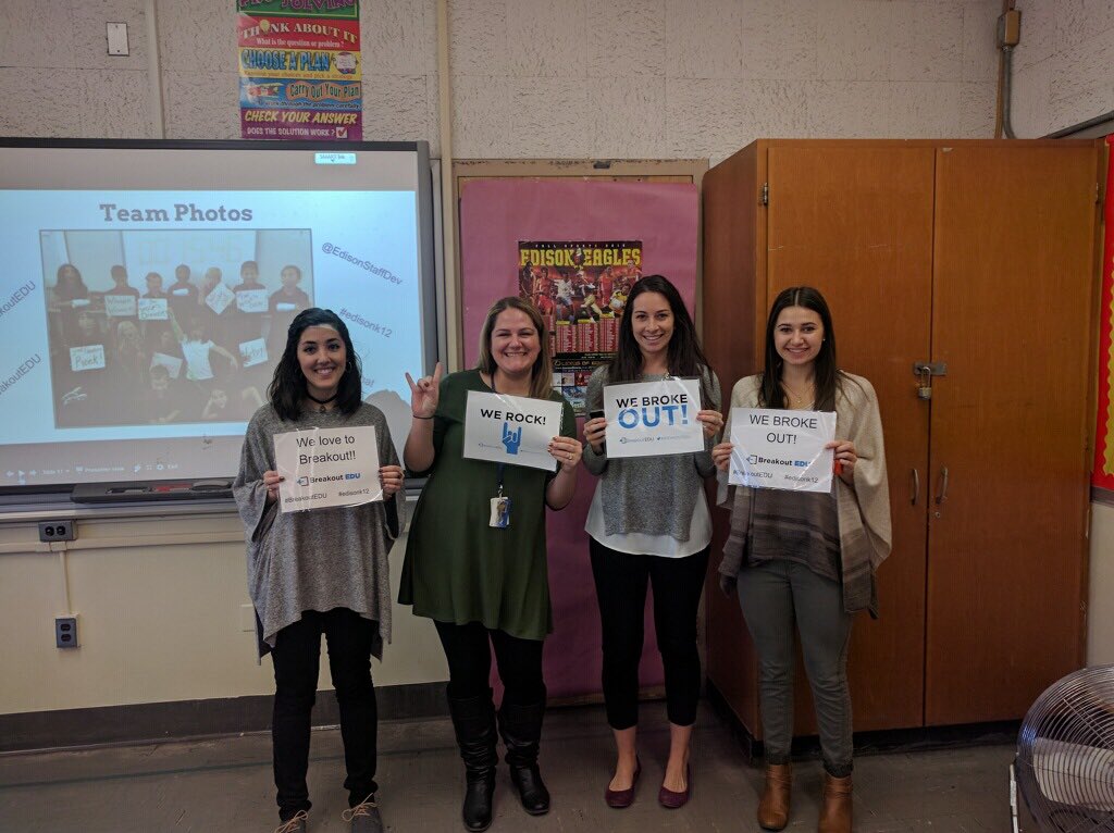 MrsVesuvio's tweet photo. We broke out! Thanks @Ms_Poppy1 and @SingerTeach for teaching us all about #breakoutedu #edison2016 @breakoutEDU https://t.co/FIhlhfBNWf