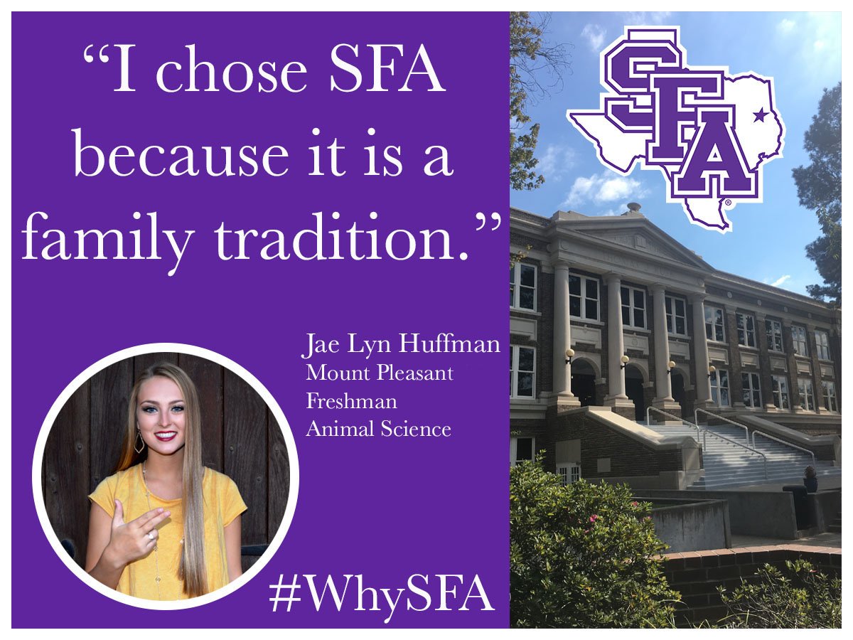 SFASU's tweet photo. Jae Lyn came to SFA because it's a family tradition. Why did YOU choose SFA? #WhySFA #LumberjacksMakeGreatAnimalScienceProfessionals https://t.co/Db6lxRZguN