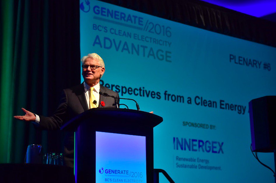 CleanEnergyBC's tweet photo. "Clean energy is a special platform that has created billions of investment. The world is hungry for it." Gordon Campbell at #Generate2016 https://t.co/9TCtxxRD0u