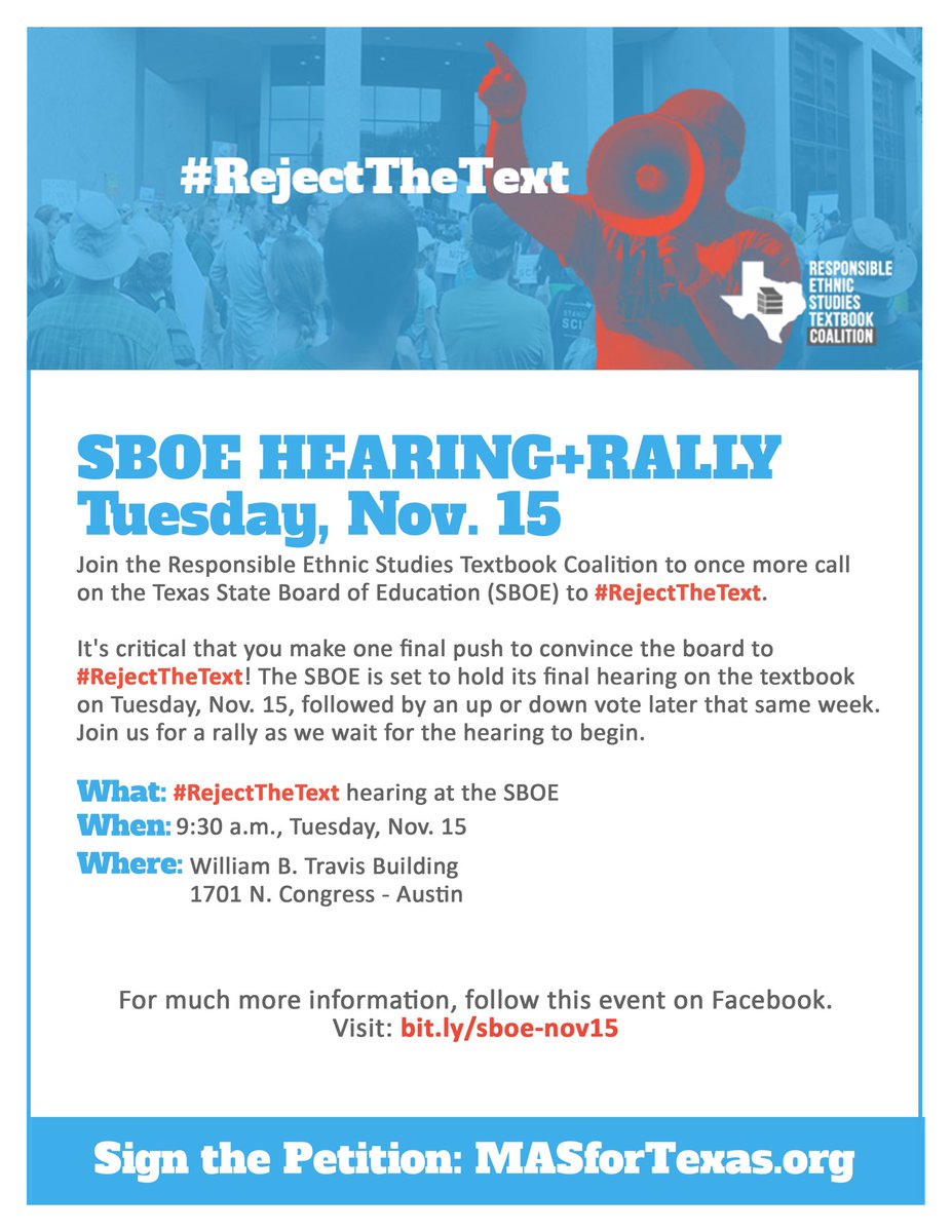Librotraficante's tweet photo. The Texas State Board of Education Votes Fri Nov 18 on the Racist TX Textbook. https://t.co/qHp3N8CLbE #Bus2ATX to #RejectTheText #LATISM https://t.co/BoJeOwHSRA