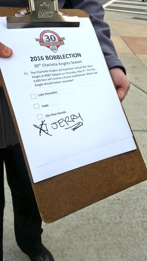KnightsBaseball's tweet photo. .@JERRYtheJESTER just voted! #ElectionDay #bobblection #makebobbleheadsgreatagain https://t.co/WK9RsatLS4