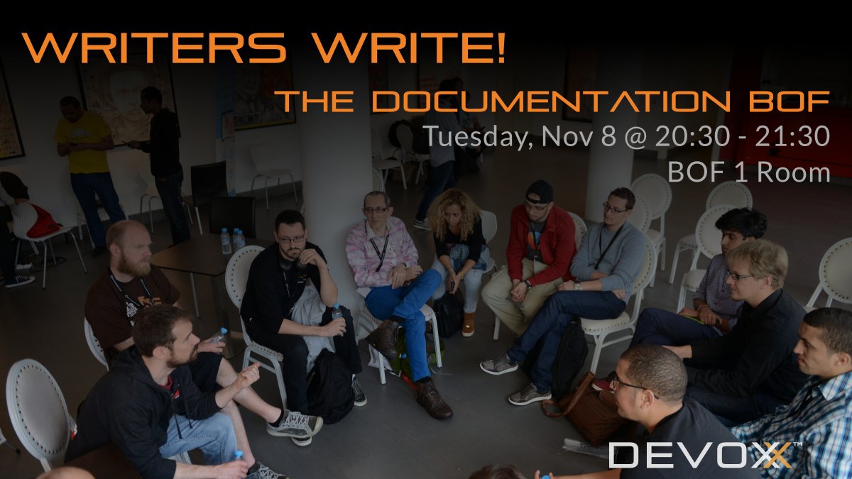 opendevise's tweet image. Tonight at Devoxx, The Documentation BOF Writers Write! #docsascode #asciidoctor #Devoxx