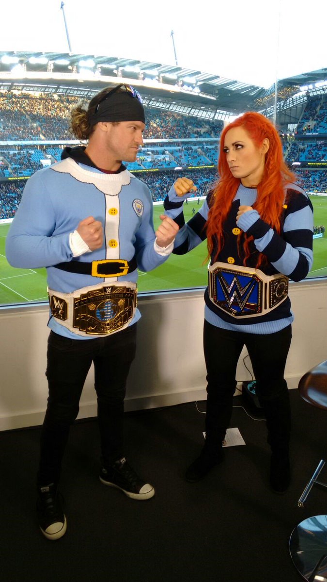ManCity's tweet photo. .@WWE's @HEELZiggler went for #CitySanta but @BeckyLynchWWE is a #CityElf!

It's close so pick your team and vote ➡️ https://t.co/hCxgtKcIda https://t.co/Eu4PViwjGJ