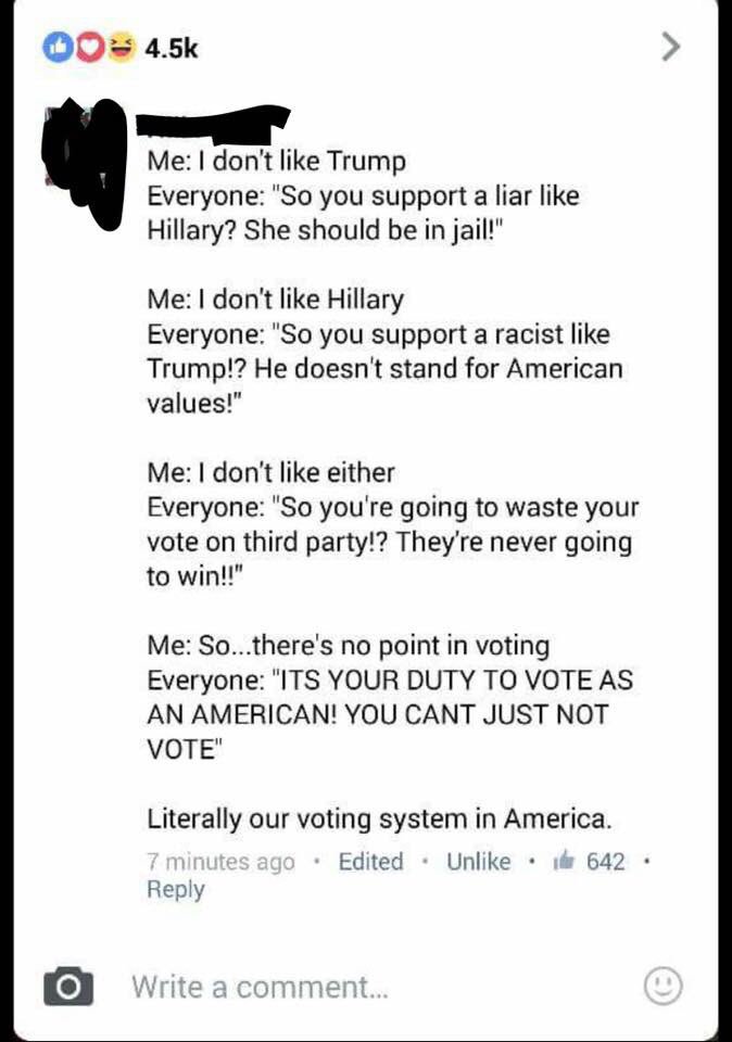 chelsearayee's tweet image. Also this. The beauty of America is that we have the right to vote just as much as the right to not vote. #cantwin #everyonesucks