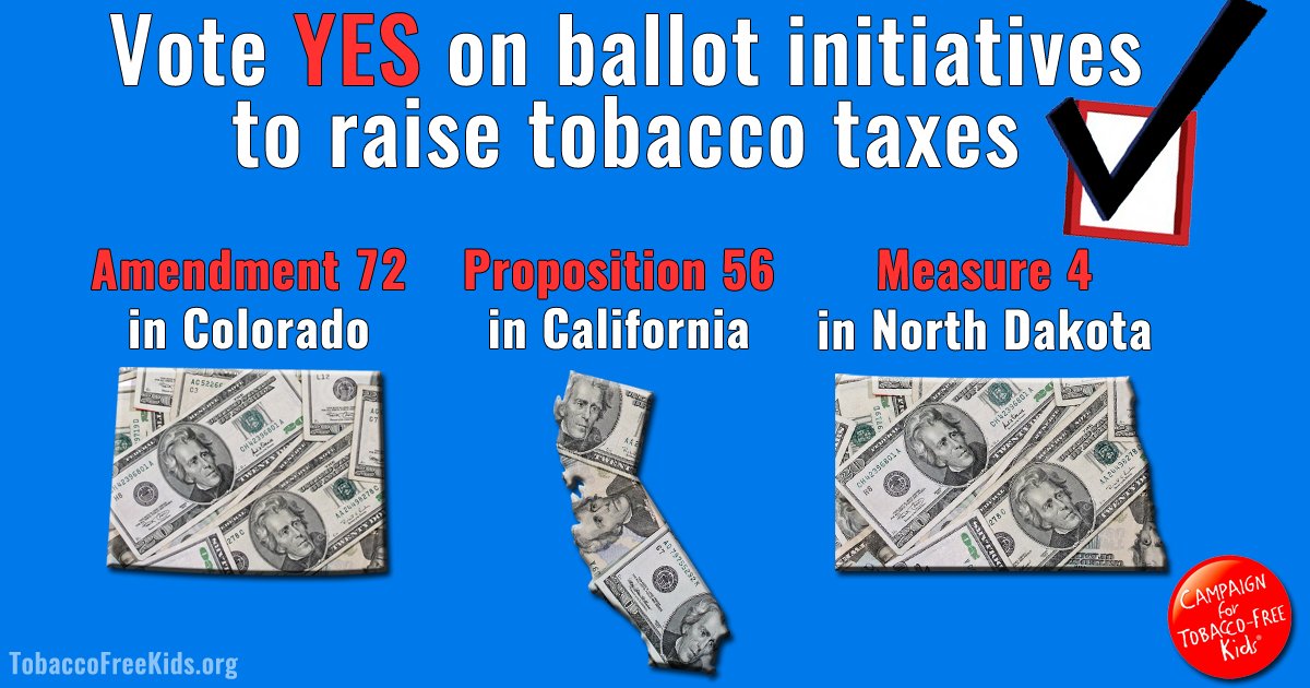 TobaccoFreeKids's tweet photo. Voters in CA, CO and ND can protect kids and save lives by voting for tobacco tax ballot initiatives. #Yeson56 #Yeson72 #Yeson4 https://t.co/LaXQmRR5Ig