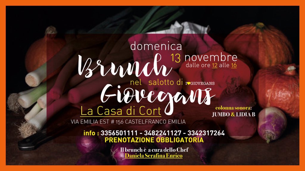 Domenica 13/11 Brunch con GIOVEGANS dalle 12 alle 16 buffet vegano e vegetariano Prenotazione obbligatoria al 3482241127