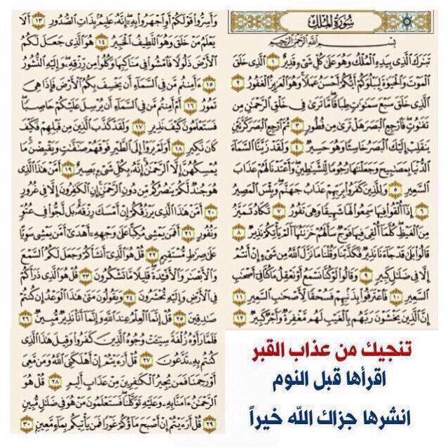 سورة الملك !
تنجيّ مـنْ ﻋـذآب القبـر ..
تشْفع لصاحبها حتى يدخِل الجنه ..
هنيئًا لمن جعل قرائتها قبل النوم عادة .!