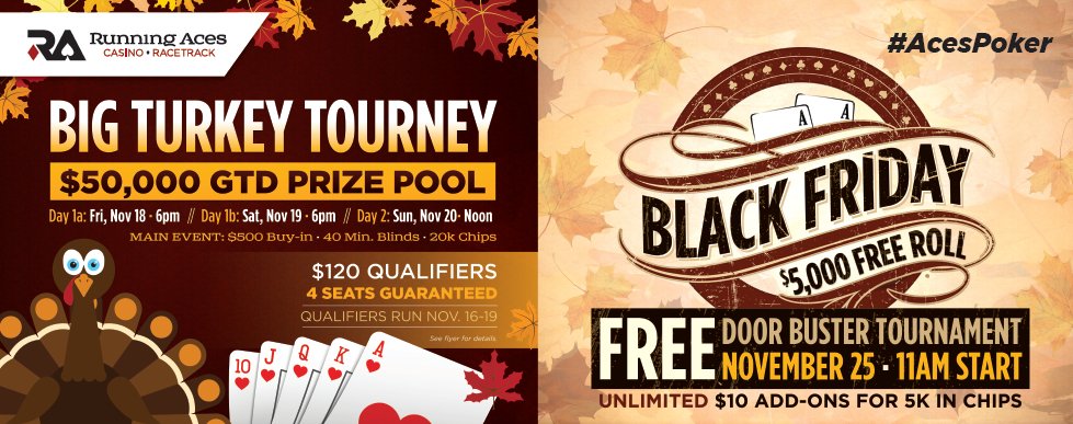 RunAcesPoker's tweet photo. RT by Nov 11 for a chance to win 1 of 2 - $120 Big Turkey Qualifier seats! 18+ only no purchase required #AcesPoker https://t.co/6qHxgaJ04A