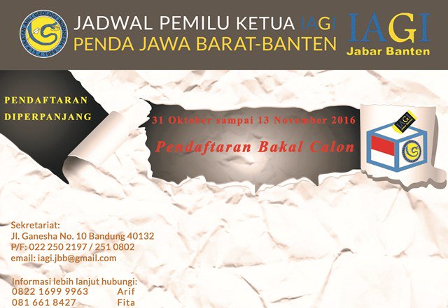 PENGUMUMAN perpanjangan masa waktu pendaftaran bakal calon ketua IAGI JBB 2016-2019, dari semula tgl 6 Nov'16 menjadi 13 NOV'16 pkl 16:00