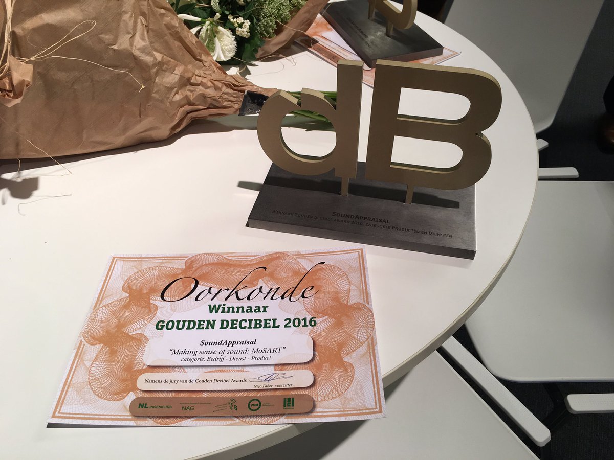 SoundAppraisal_'s tweet photo. Yes! We hebben een @GoudenDecibel gewonnen voor het beste product/bedrijf! Wat een mooie erkenning voor onze #soundscape innovatie! #MoSART https://t.co/MyHWBeOMPd