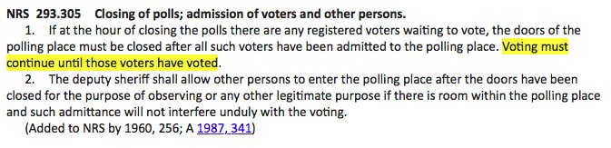 Under NV law, polling places MUST remain open until all voters in line have voted. Trump's lawsuit is literally trying to suppress votes