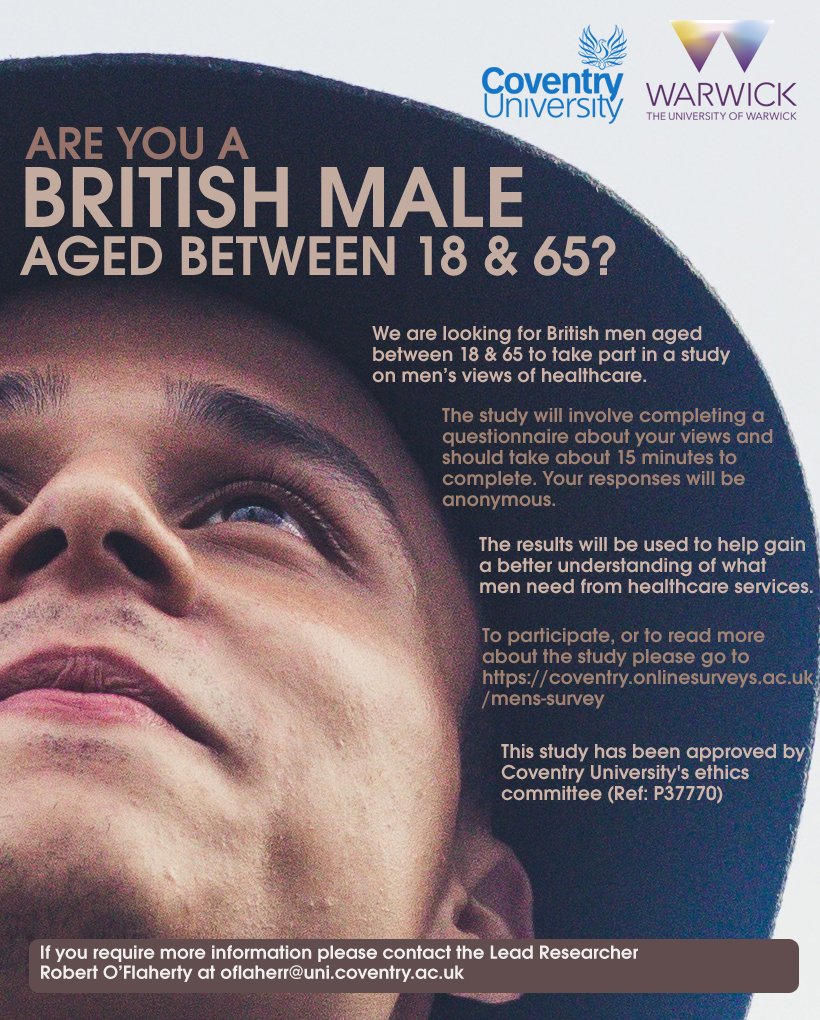 Are you a British male aged 18-65? Please complete our survey on men's views of healthcare at coventry.onlinesurveys.ac.uk/mens-survey
Please RT