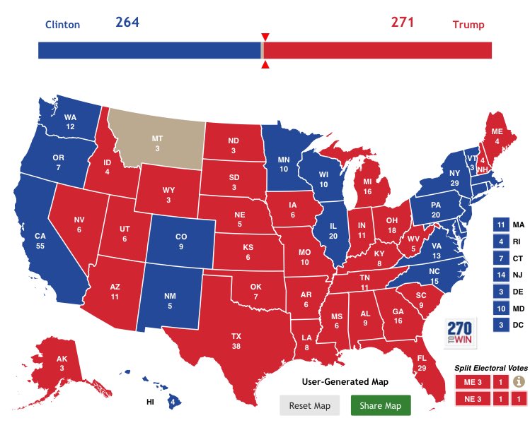 TheLibertyMove's tweet photo. Here is our official prediction for tonight. Thoughts? Trump 271 Clinton 264 #ElectionNight https://t.co/f7sehYvaro