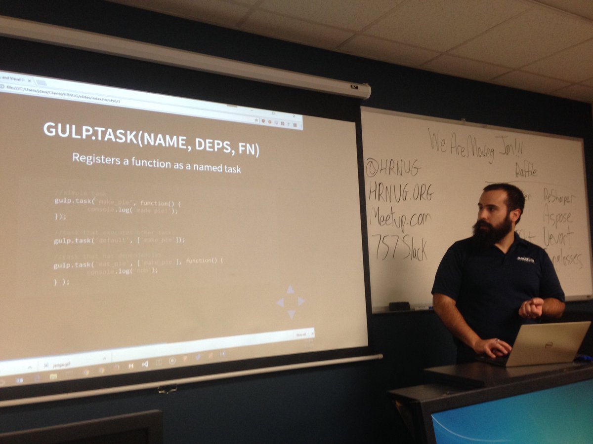 hrnug's tweet photo. @jimdavila speaking about using #gulp and #npm with @VisualStudio at tonight's meeting. https://t.co/aK30jeLFqX