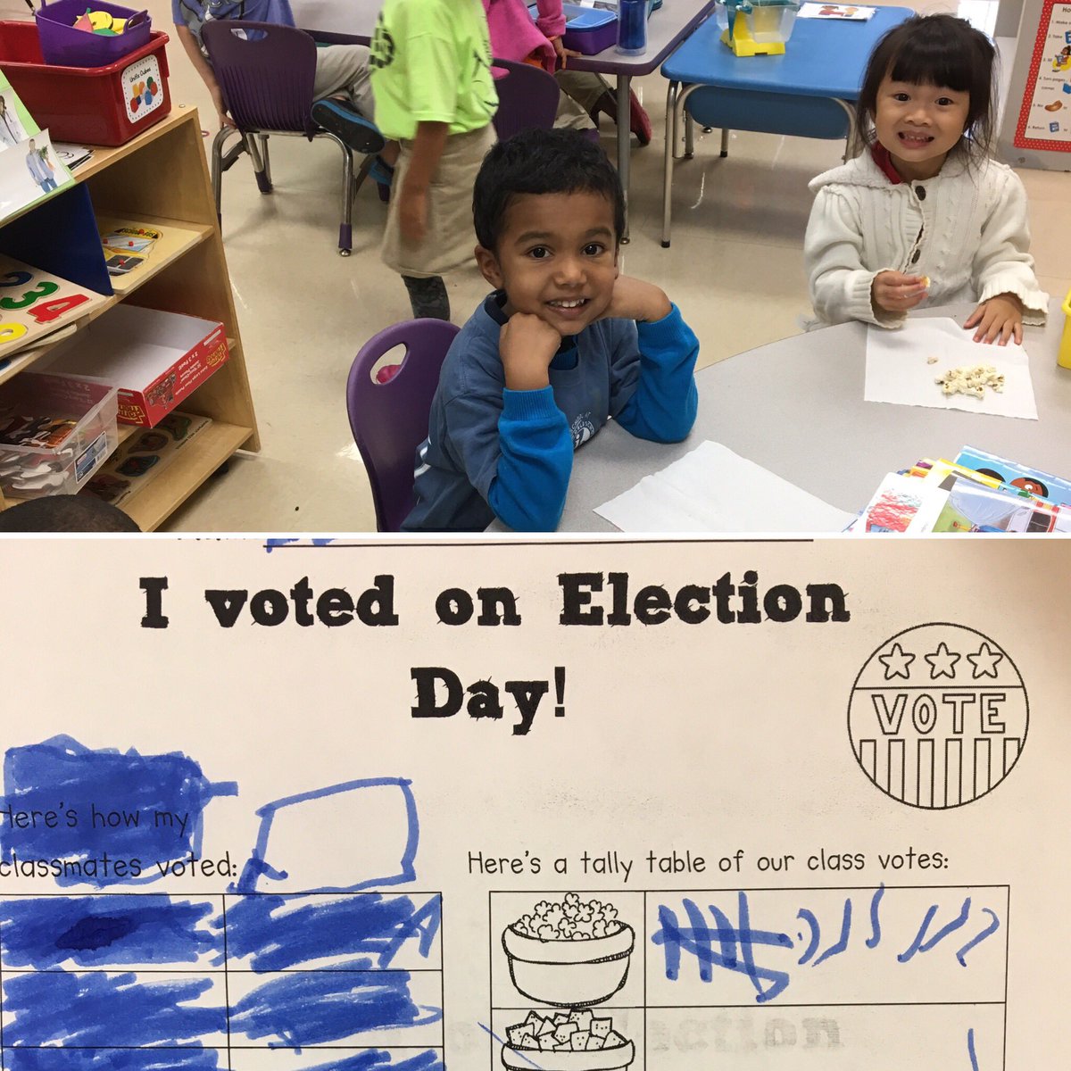 We may not have voted for president today, but we did vote for our snack. And that's important in our PreK world. 🍿🍿 #Vote