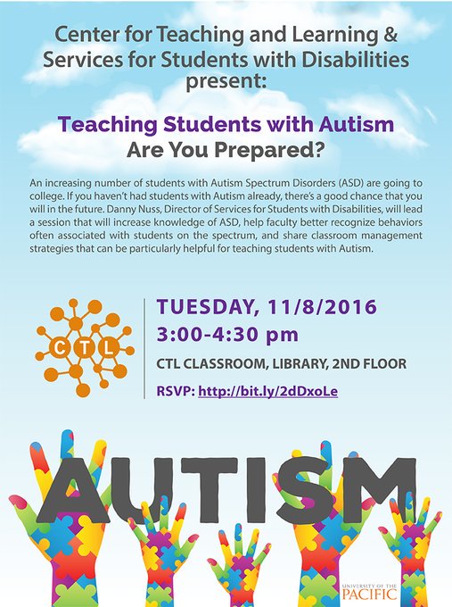 Pacific_CTL's tweet photo. 3:00 today: "Are you Prepared? Teaching Students with Autism." @Pacific_CTL https://t.co/fKlPvGCHR1 https://t.co/6WEM4Jkrtm