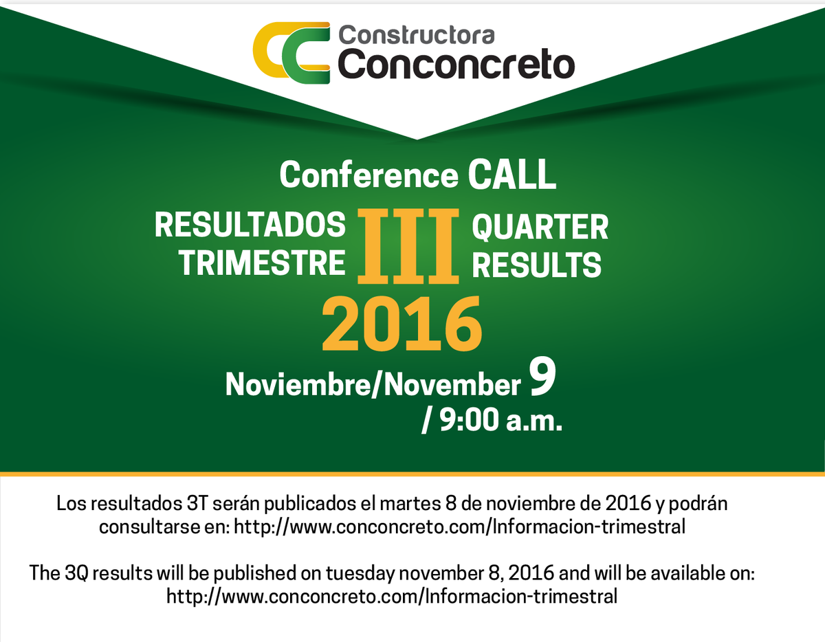 Conconcreto's tweet photo. #InversionistasConconcreto | Mañana presentaremos entrega de resultados #3T2016. Conexión vía streaming en: https://t.co/6srVju77Rh https://t.co/bmKRIEimEV