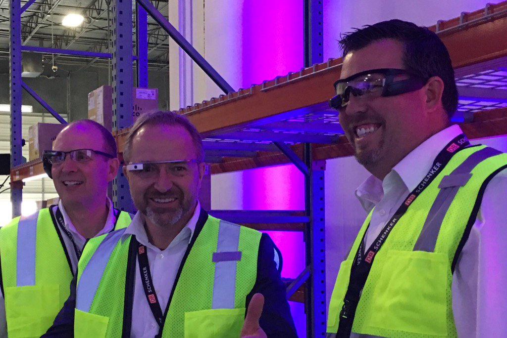jacallen_sc's tweet photo. @Ubimax @DBSchenker #DigitizedWarehouse The Borg!  Senior execs try on the Augmented Reality glasses.  @CiscoMFG https://t.co/itELHtol87