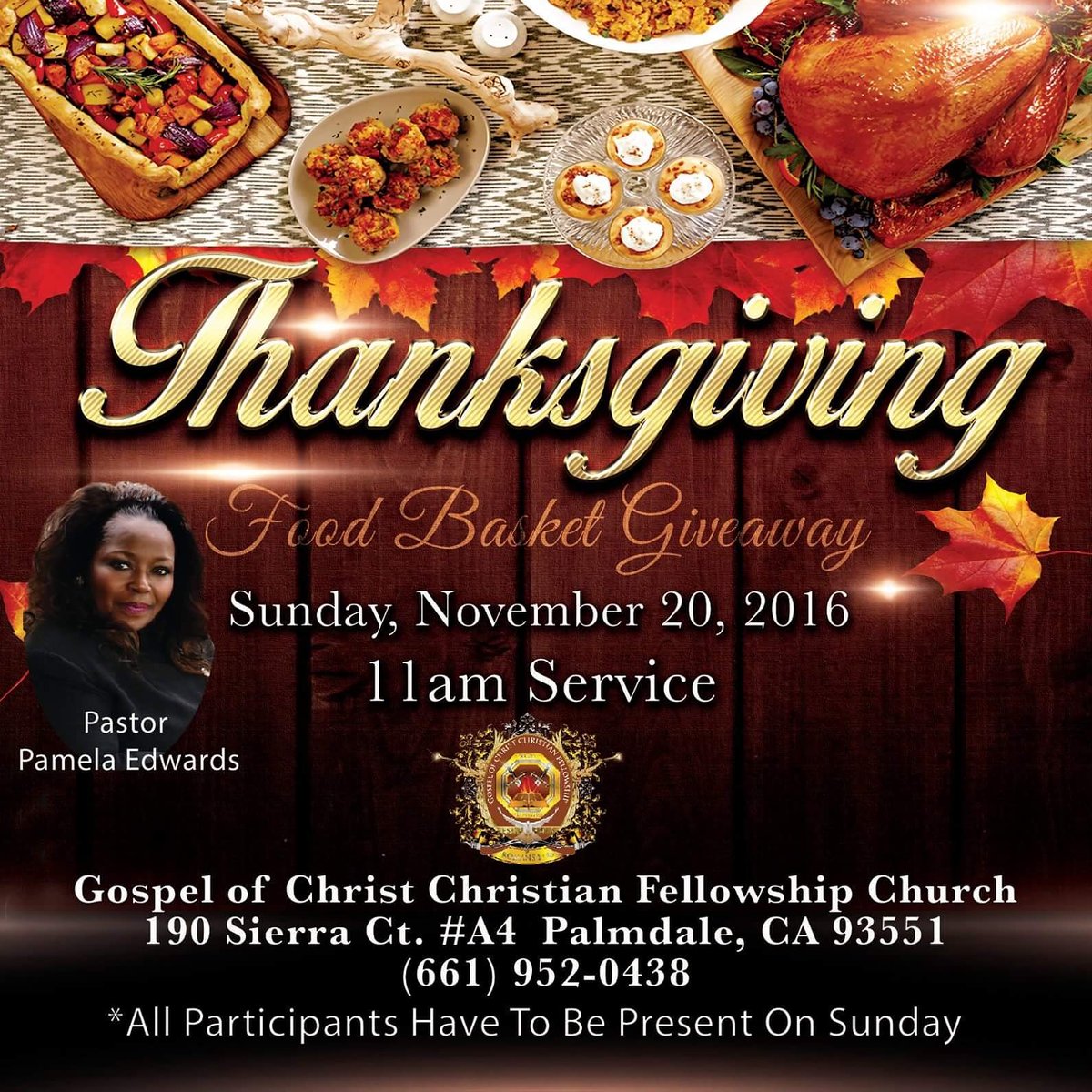GospelCfc's tweet photo. #GospelofChristCFC
Greetings!! We are giving away Thanksgiving Food Baskets. For more information please call 661-952-0438 https://t.co/xBt6wQLvCa