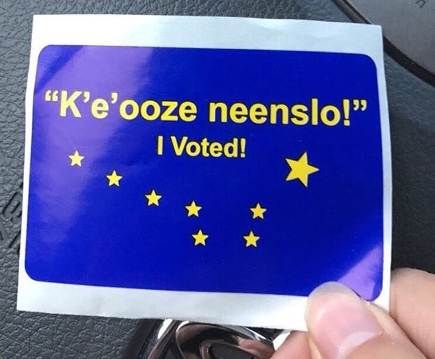In #Alaska, #ivotedsticker also come in Native languages. This is Koyukon-Athabaskan. Photo credit: <a href="/GOTNVInterior/">#NativeVote: Interior Alaska</a> #akelect
