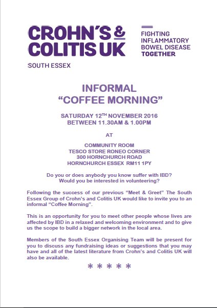 MsDianeHarman's tweet image. Reminder of this Saturday&apos;s Coffee Morning! @CrohnsColitisUK South Essex #IBDsupport #IBDawareness
