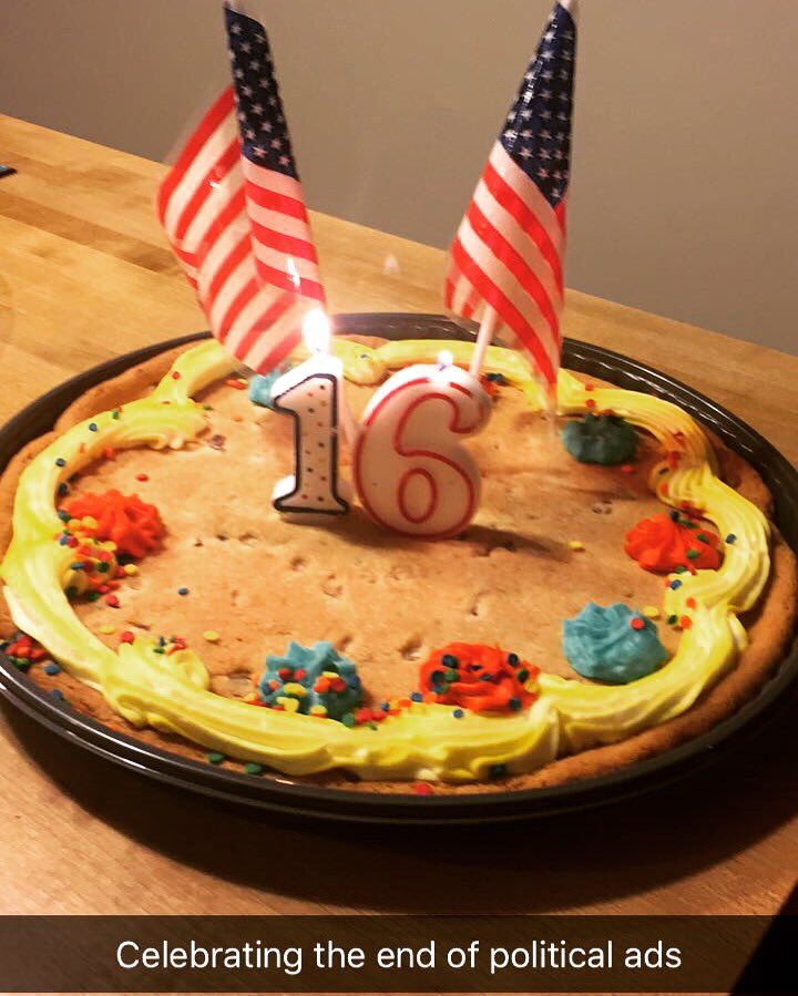 SHicks787's tweet photo. Celebrating the end of Political Ads :) #Election2016 https://t.co/uUdE3WTDDs