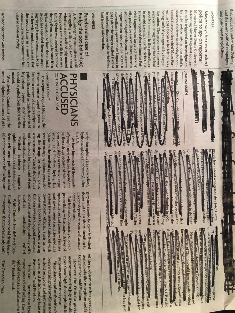 paulcopcutt's tweet image. Hey @thrive and @ArriannaHuff Focusing on #howtothrive by redacting all mention of the election in my newspaper :)